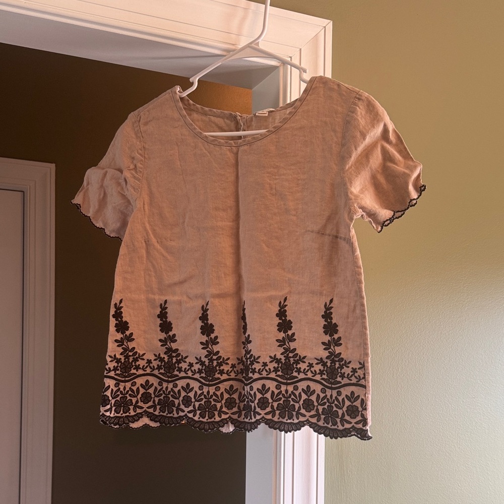 J Crew Embroidered Tan Top with Black Floral Design